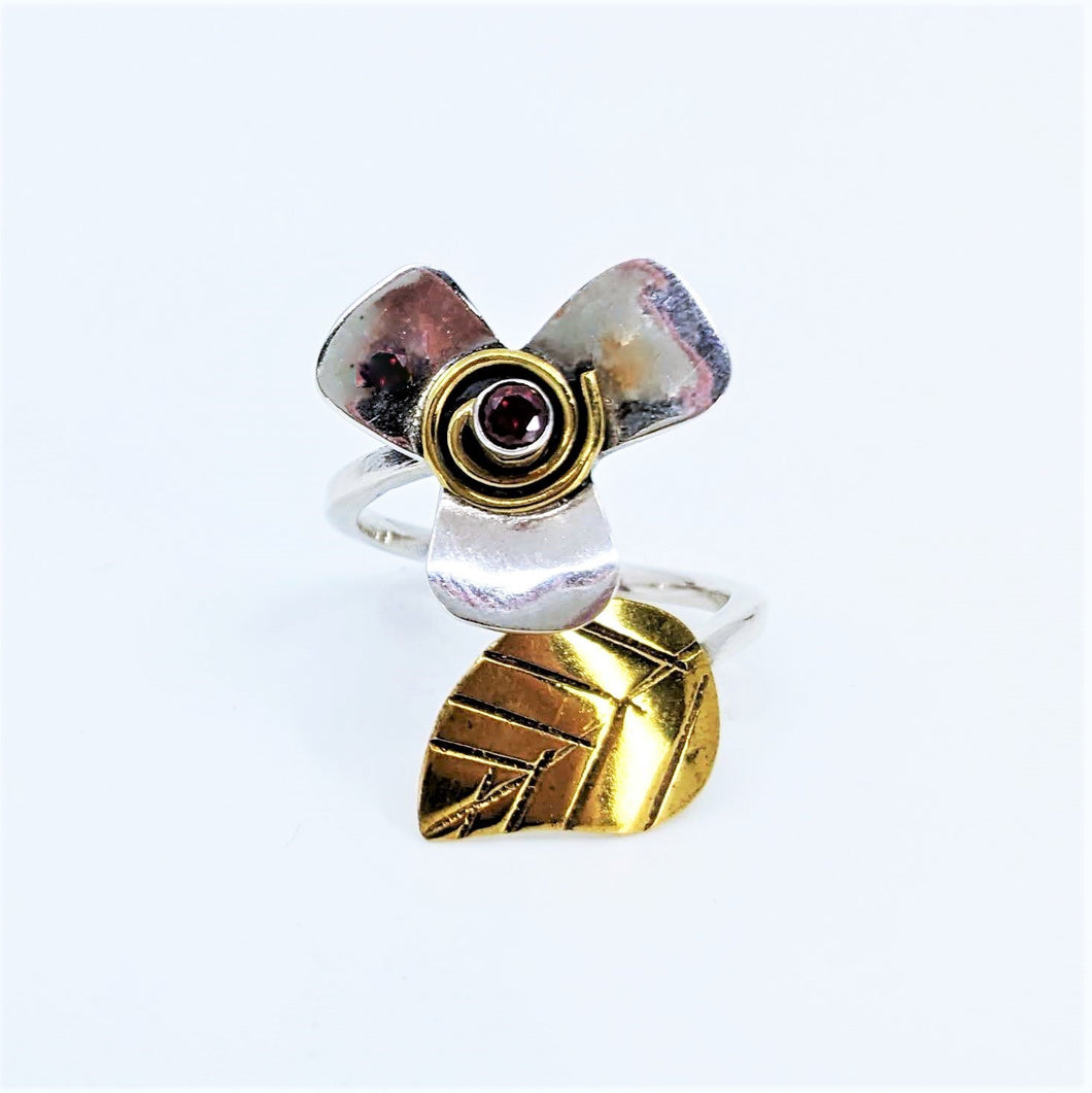 Garnet Flower & Leaf Adjustable Ring